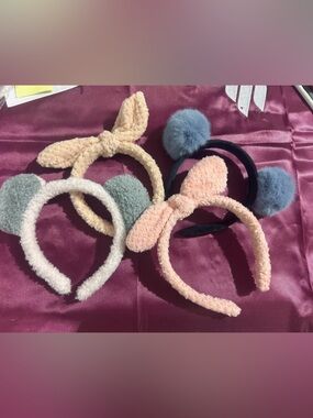 Cozy Plush Headband Set with Pom & Bow - Pink, Beige, Green, Blue